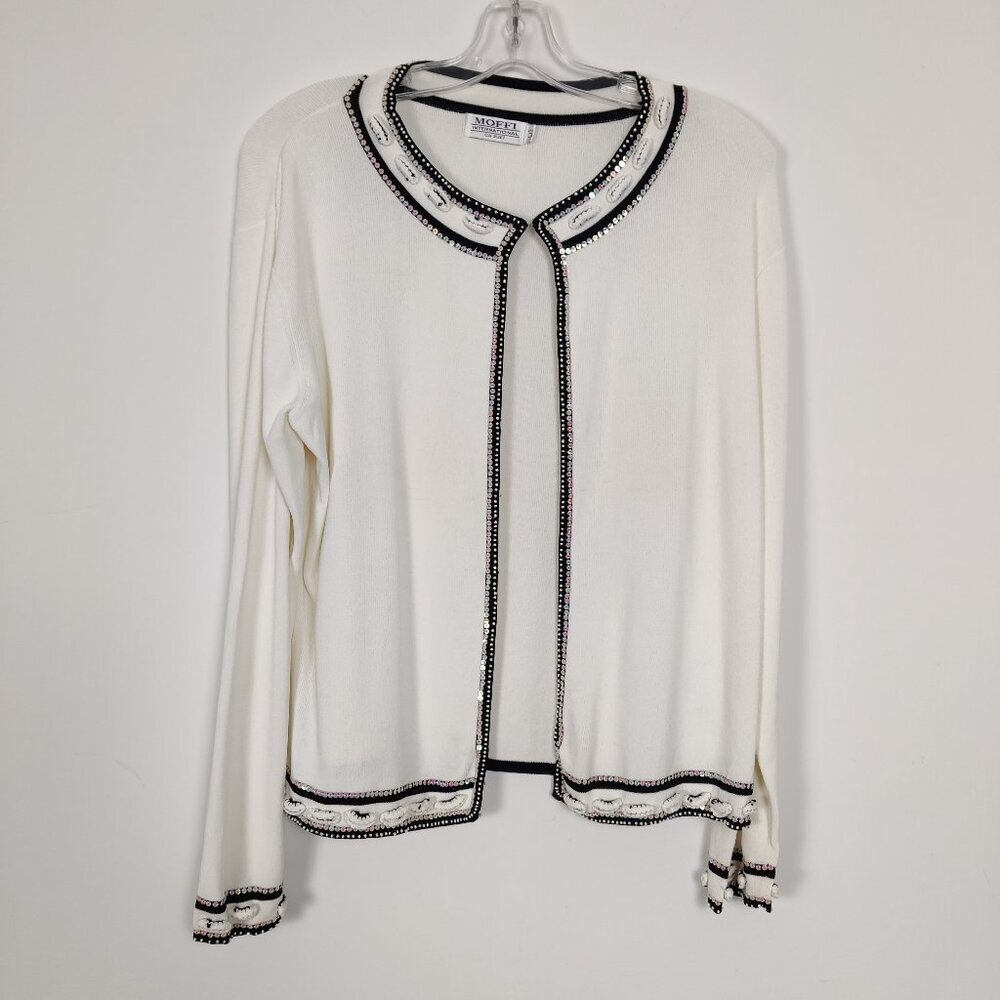 Moffi International Women's Cardigan Size L White Black Beaded Casual Stylish